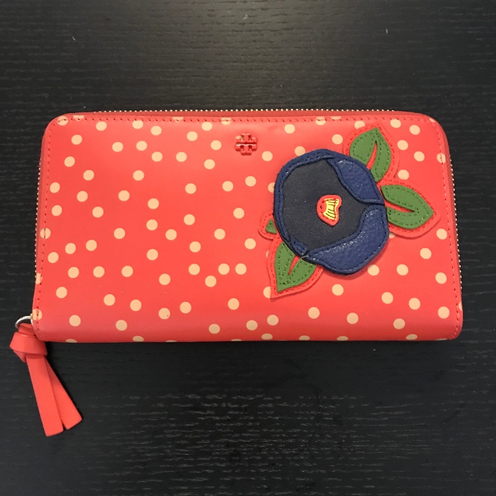 Tory Burch Coral Polka Dot Zip Wallet with Navy Floral Appliqué